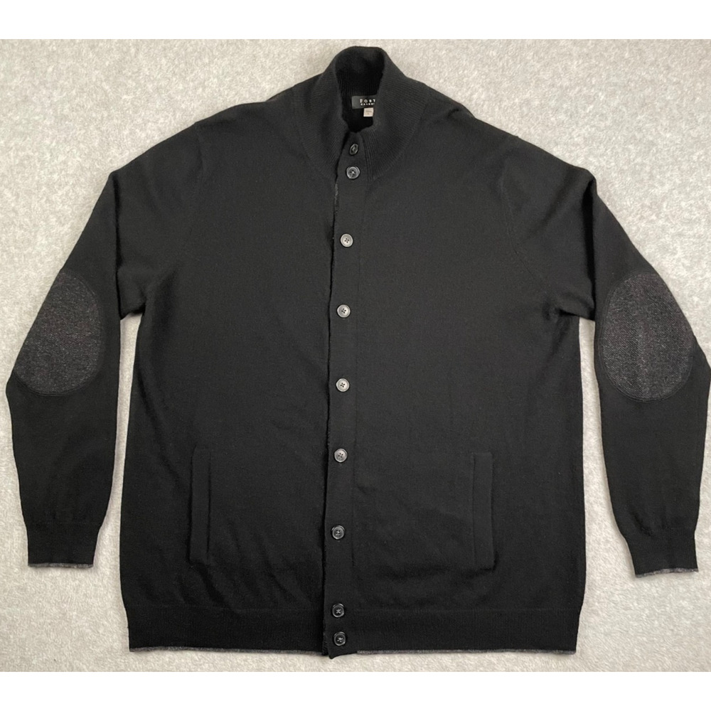 Forte Cashmere Black Cardigan Sweater Elbow Patches Men’s Large